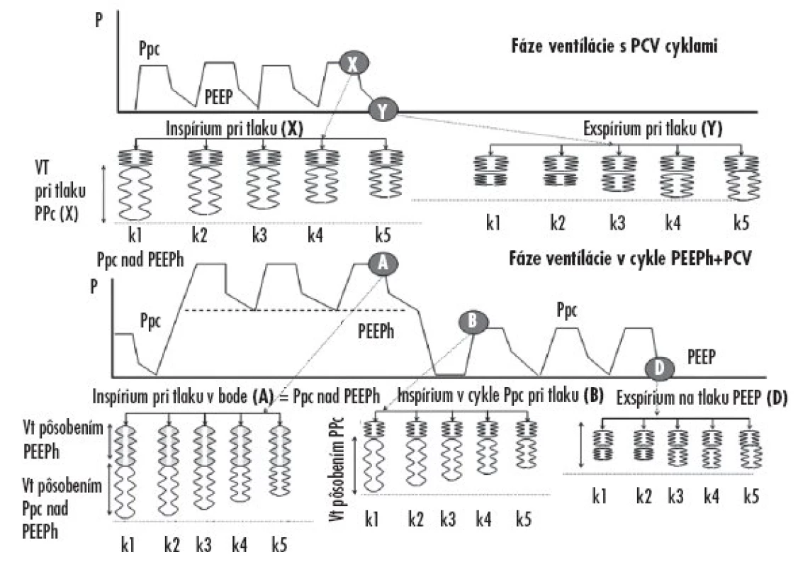 Schéma dynamického modelu vysvetľujúceho plnenie a vyprázdňovanie jednotlivých kompartmentov pľúc v rozhodujúcich fázach dýchacích cyklov pri trojhladinovej ventilácii