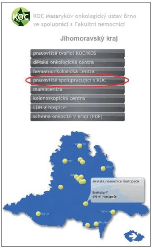 Interaktivní mapa sítě KOC (&lt;a href=&quot;http://www.onconet.cz&quot;&gt;www.onconet.cz&lt;/a&gt;). Ve vybraném kraji návštěvník vybere typ zdravotnického zařízení a portál zpřístupní konkrétní pracoviště s podrobnějšími informacemi.