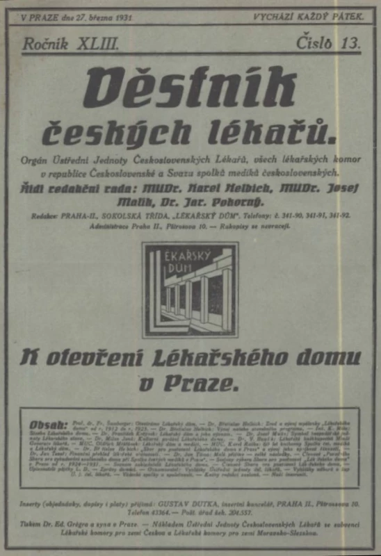 Dobové číslo Věstníku českých lékařů z roku 1931 věnované otevření Lékařského domu v Praze.