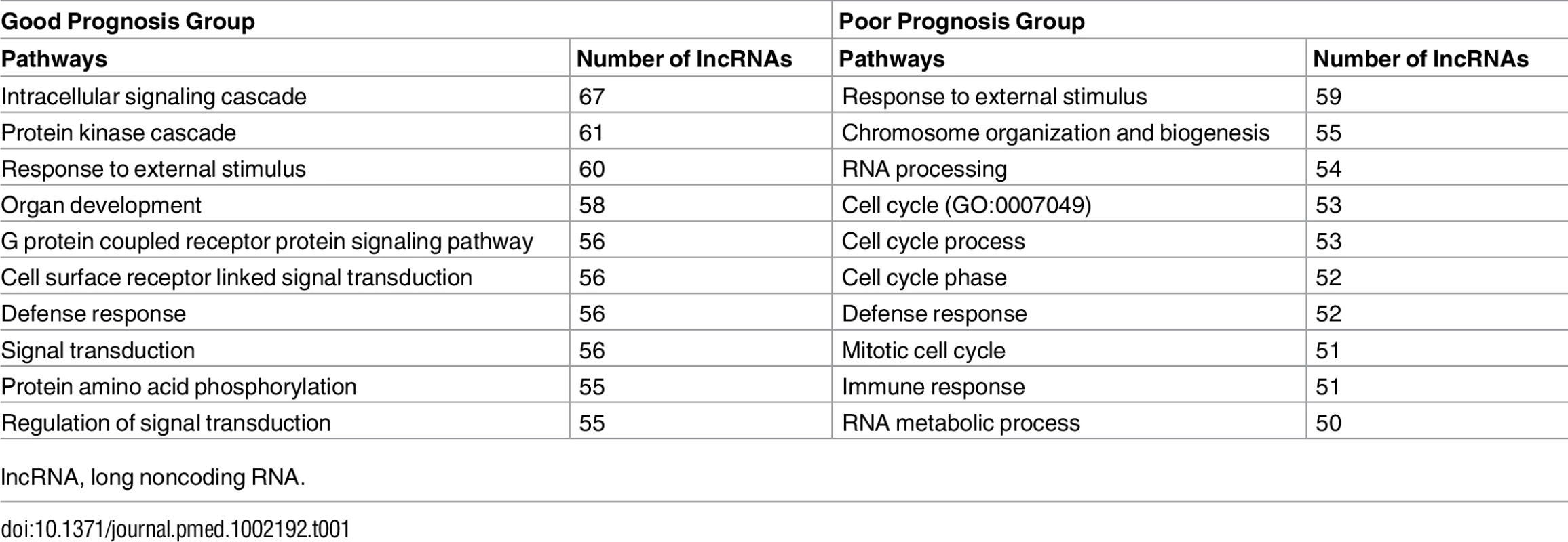 Enriched biological pathways associated with prognostic lncRNAs by guilt-by-association analysis.