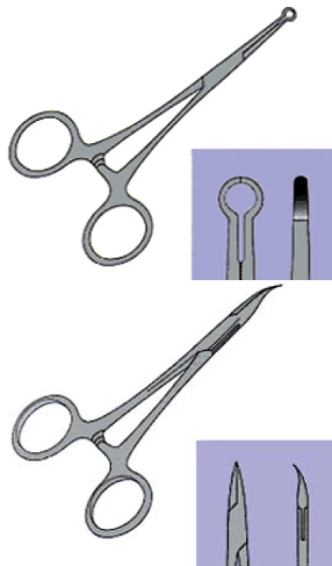 Nástroj pro „no-scalpel“ vazektomii a pro „klasickou“ vazektomii.