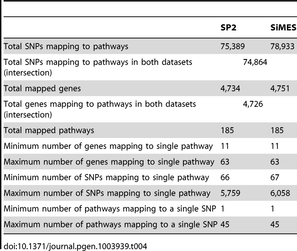 Comparison of SNP and gene to pathway mappings for the SP2 and SiMES datasets.