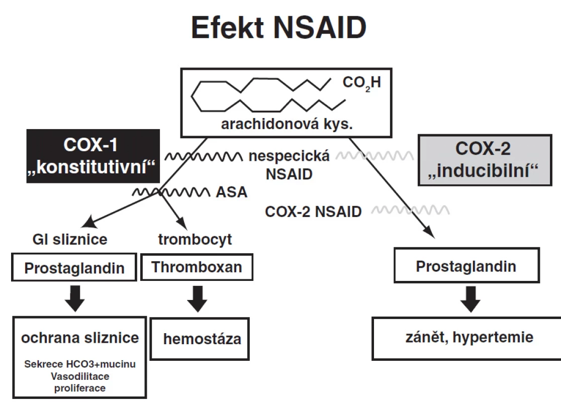 Vliv nesteroidních antiflogistik a schéma ovlivnění antiagregace syntézy COX 1, COX 2