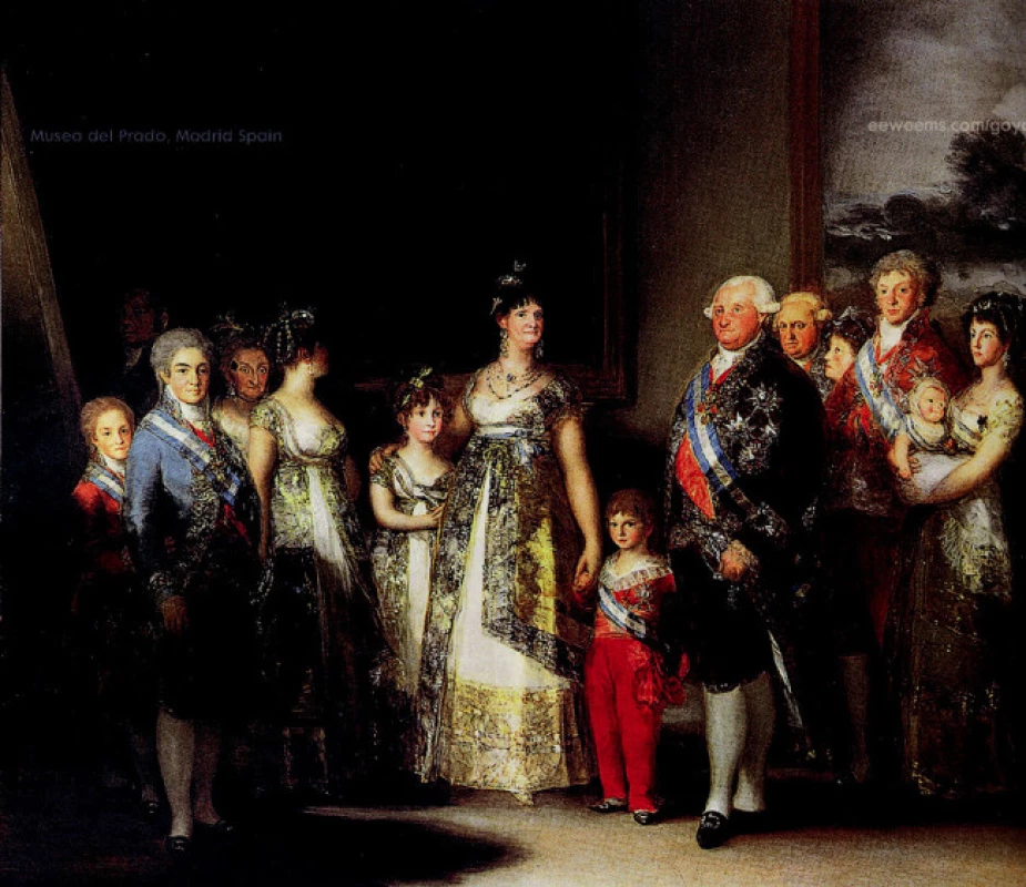 Španielsky kráĺ Karol IV. s rodinou (1801) [Museo del Prado, Madrid, olejomaĺba, plátno, 336 x 280 cm].