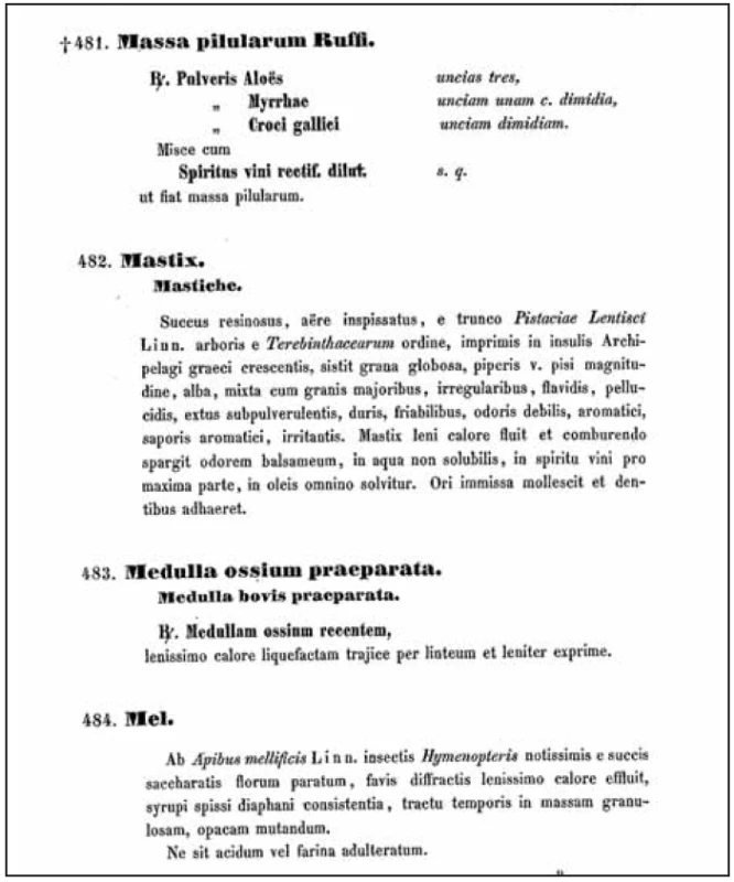 Ukázka textu pátého vydání rakouského lékopisu (Rufus byl v Římě lékařem gladiátorů – okolo roku 100 n.l.)