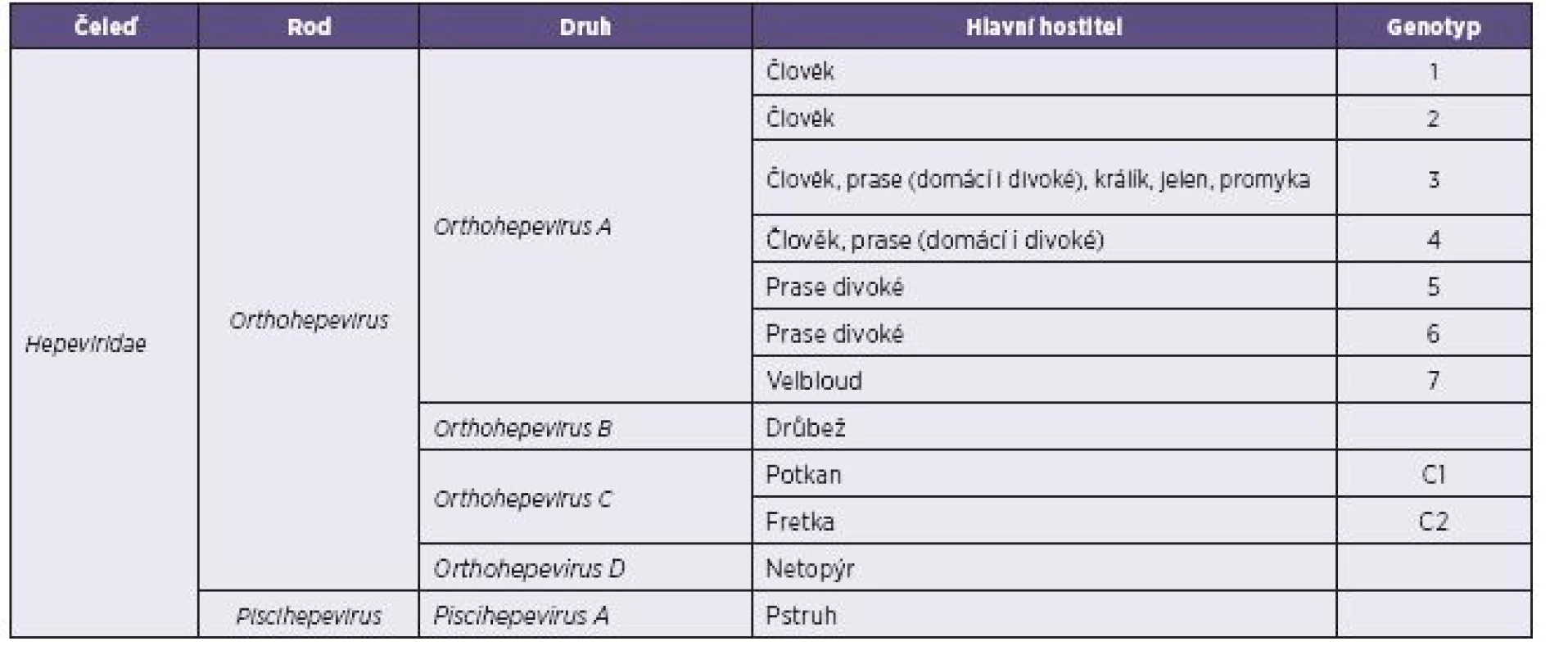 Navrhovaná klasifikace čeledi Hepeviridae [24]
Table 1. Proposed classification of the family Hepeviridae [24]