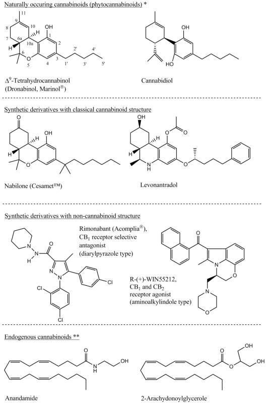 Main representatives of the phytocannabinoids, their synthetic derivatives and the endogenous cannabinoids 3, 8)
*Several numbering system of the cannabinoids exists. For this article the systematic numbering is used as presented on the THC chemical structure.
**U-shape conformation of the depicted endogenous cannabinoids widely corresponds with the THC structure and based on this similarity is explained the same receptor system impact by so structurally different molecules.