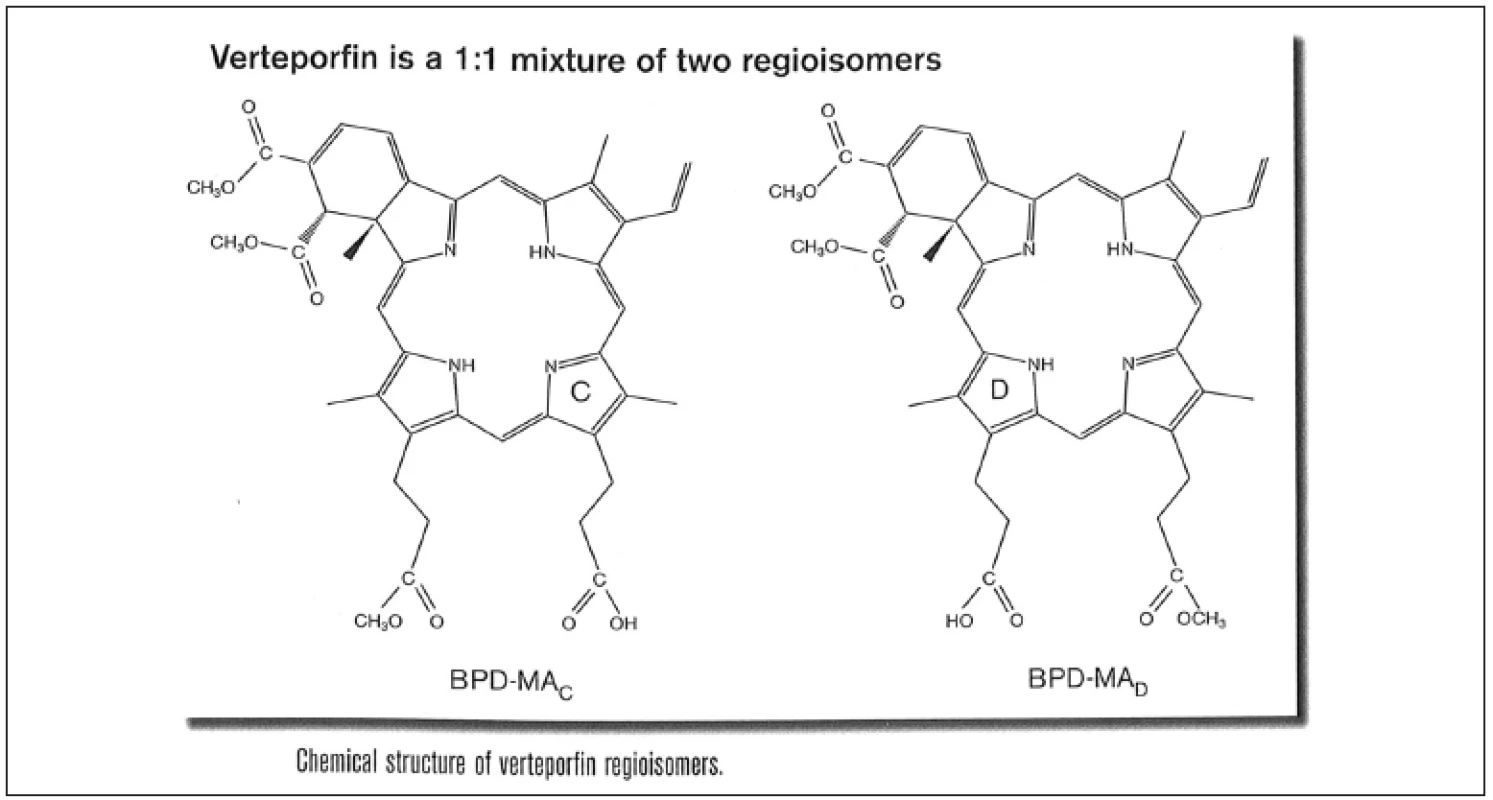 Chemická struktura verteporfinu – směs dvou regioisomerů v poměru 1:1