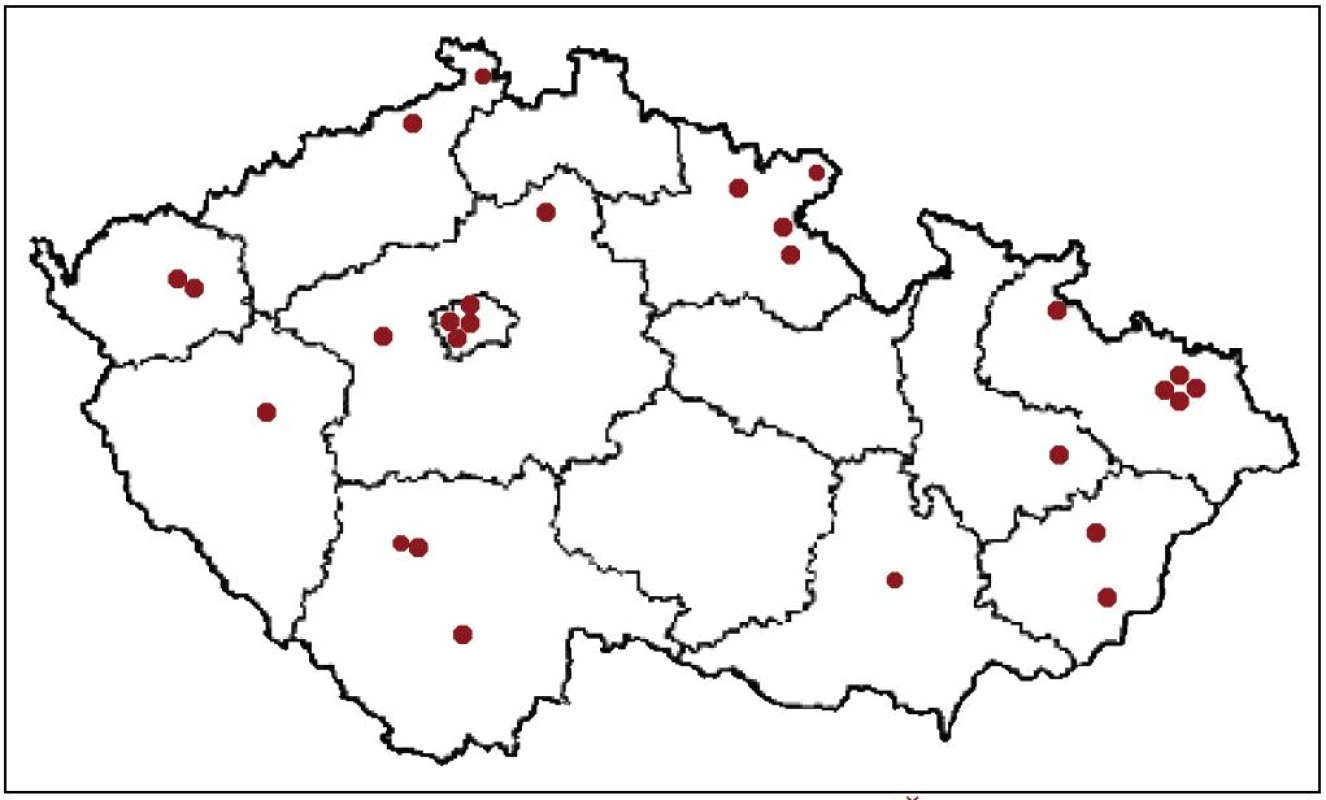 Přehled lokalizace diabetologických ordinací v ČR, které se sledování BIBY účastnily.