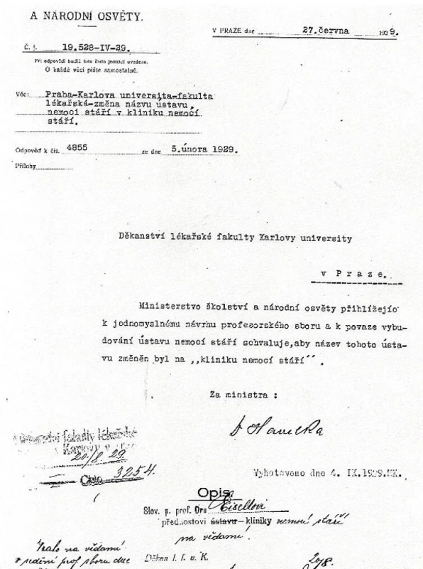1929 – Souhlas MŠ a NO k ke změně názvu Ústavu a ustavení kliniky nemocí stáří