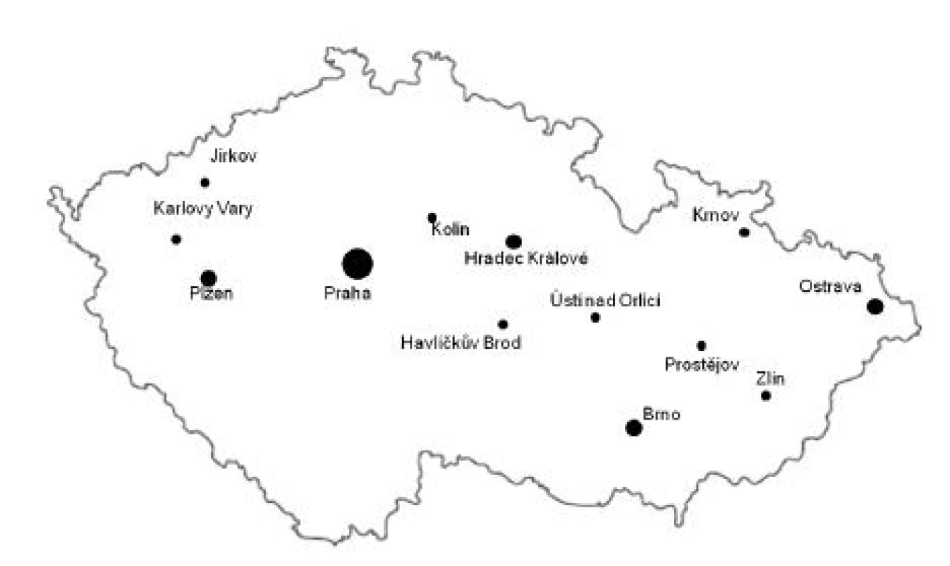Mapa České republiky – vybrané spolupracující regiony
