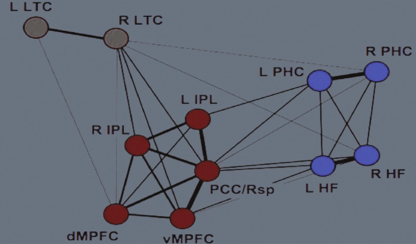Mohutnost propojení neboli funkční korelace jednotlivých uzlů implicitní sítě lidského mozku. Čím silnější je spojující linie, tím je vyšší míra funkční korelace. „Jaderná“ ohniska sítě („těžiště“ neboli „náby“ systému (angl. hubs) jsou červeně.
Legenda:
L – levá strana
R – pravá strana
LTC –laterální temporální kůra
IPL – lobulus parietalis inferior
dMPFC – dorzální mediální prefrontální kůra
vMPFC – ventrální mediální prefrontální kůra
PCC/Rsp – zadní cingulární kůra – retrosplenická kůra
PHC – parahipokampální kůra
HF – hipokampální formace
Dle Buckner et al. (2008; 2)