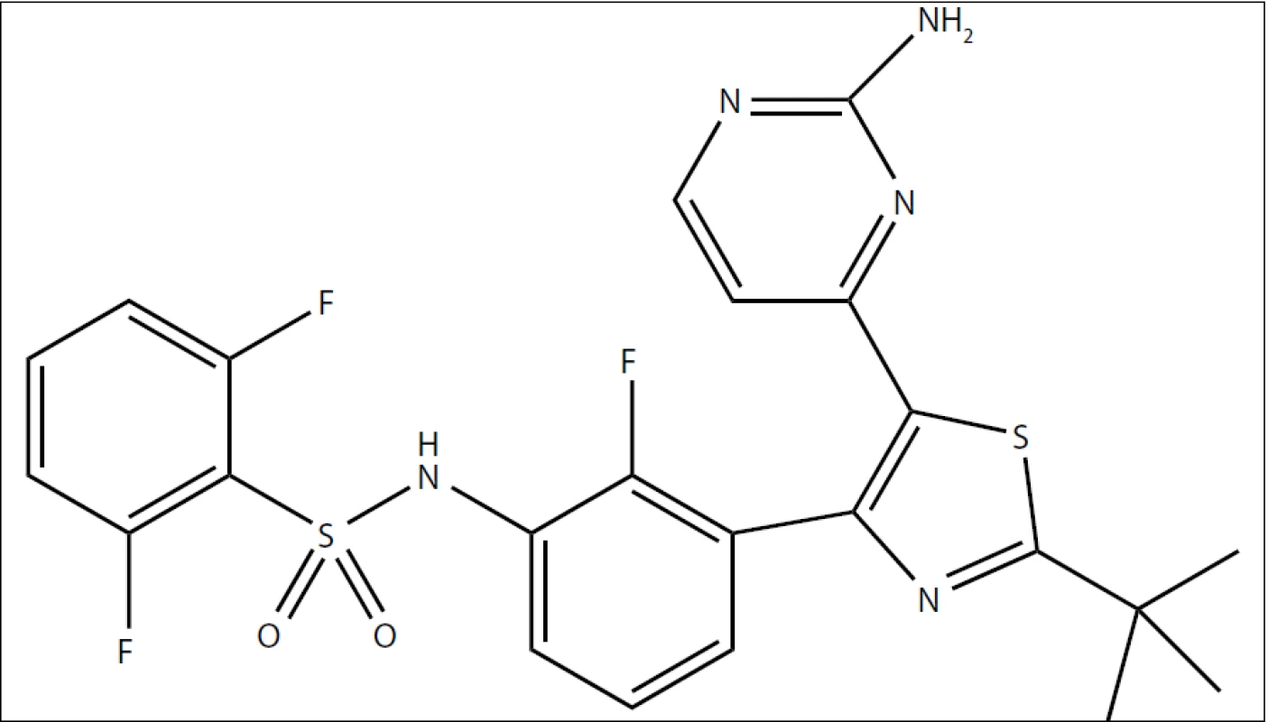 Chemický vzorec dabrafenibu (GSK-2118436).