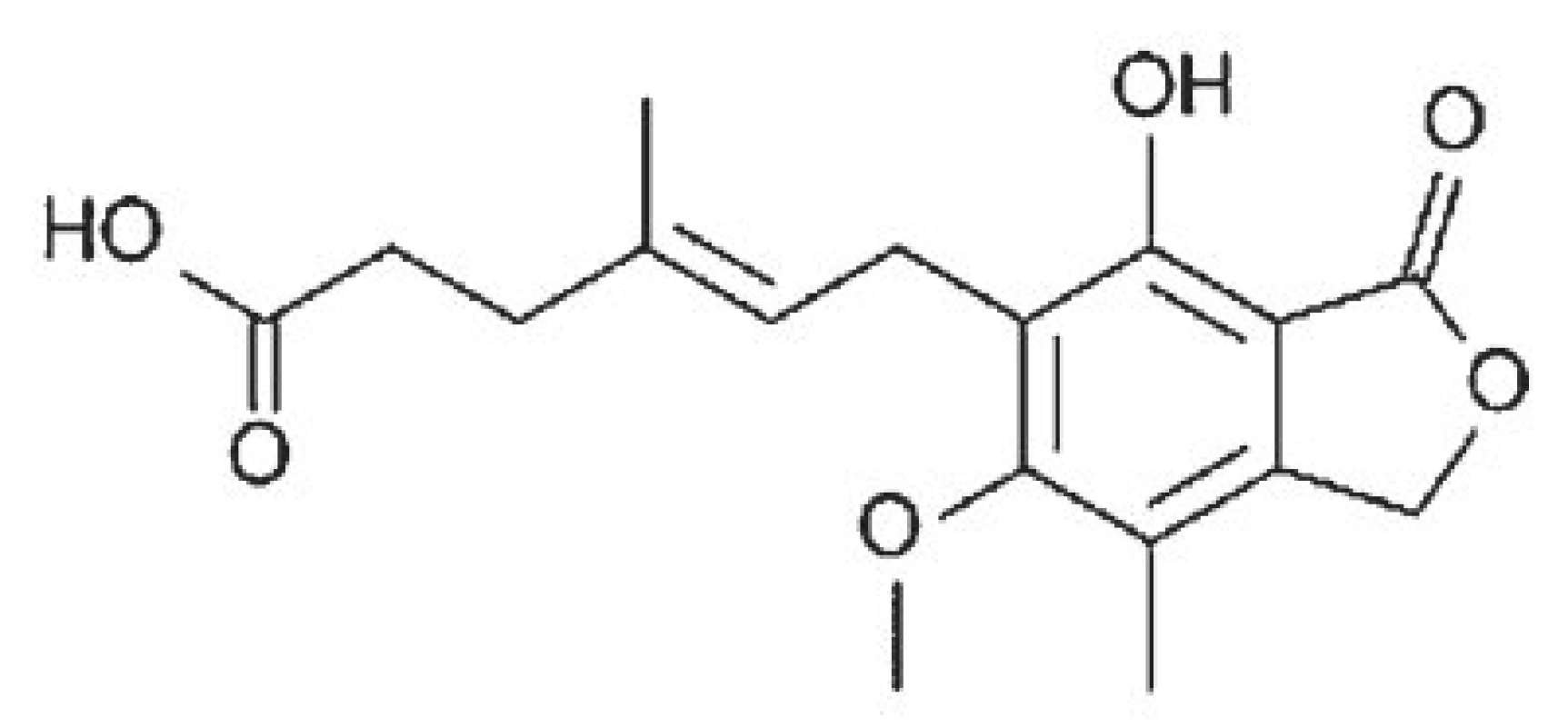 Strukturní vzorec kyseliny mykofenolové.