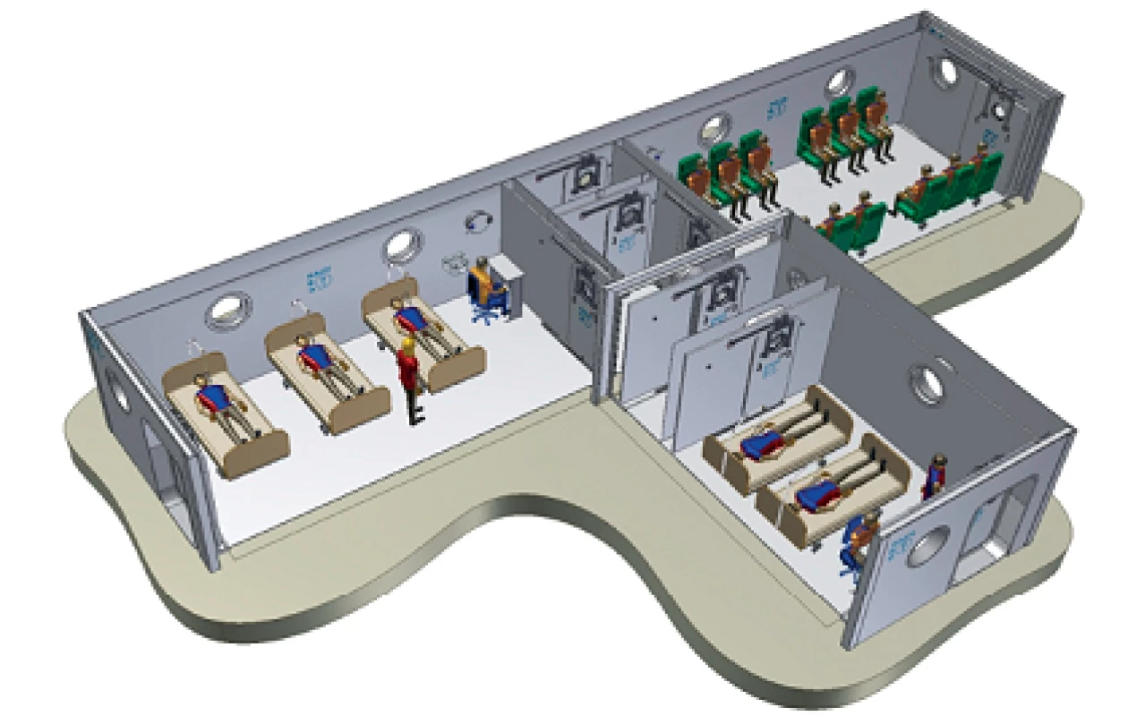 Schematické zobrazení hyperbarického zařízení v Univerzitní nemocnici v Lille