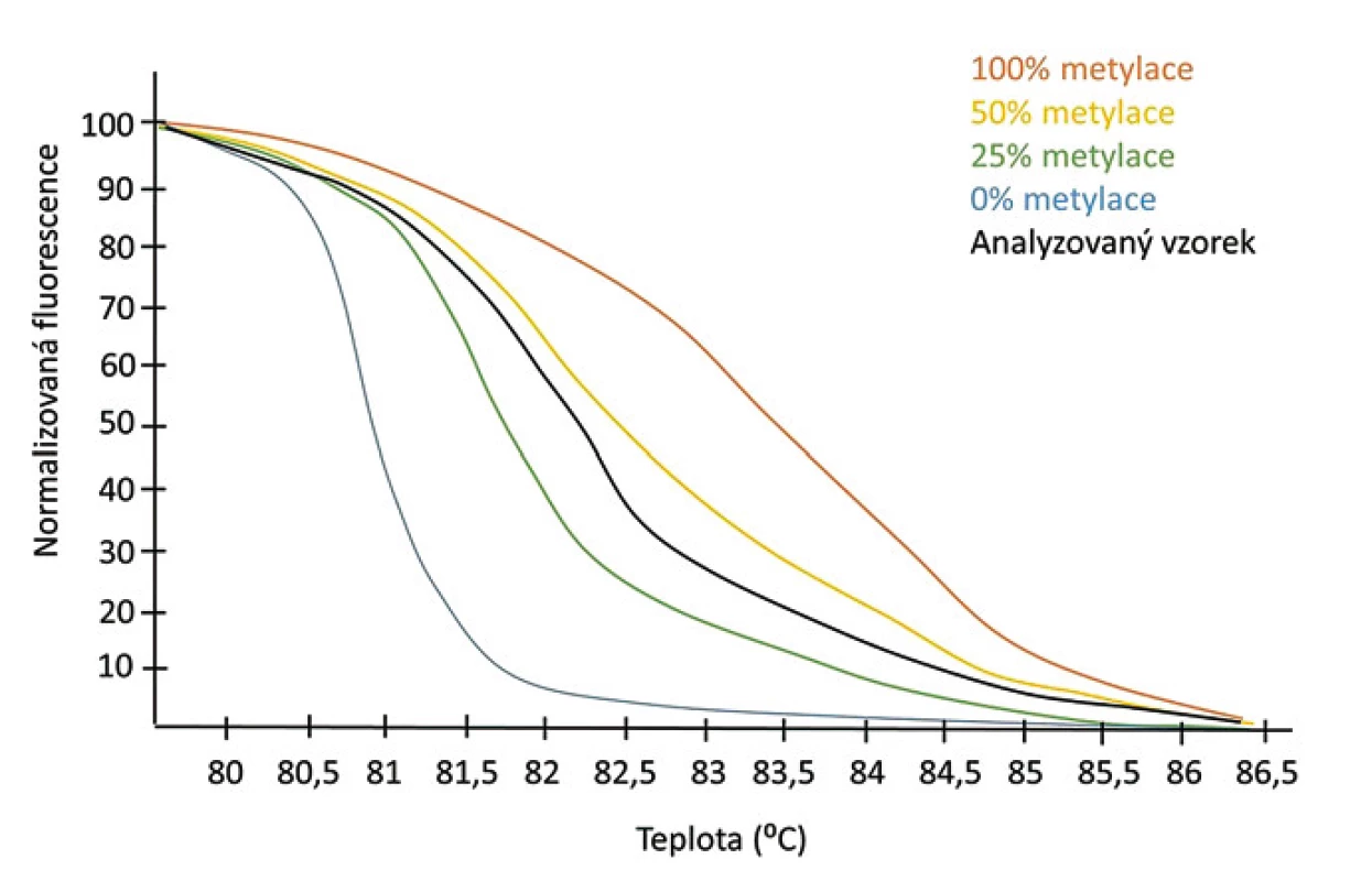 Typický normalizovaný výsledek MS-HRM.
Fluorescenční profily, získané při zvyšující se teplotě, se liší v závislosti na původním stupni metylace amplifikovaného úseku DNA. Křivky tání kontrolních vzorků (metylovaná a demetylovaná DNA smíchané v různých poměrech) umožní určit stupeň metylace analyzovaného vzorku.