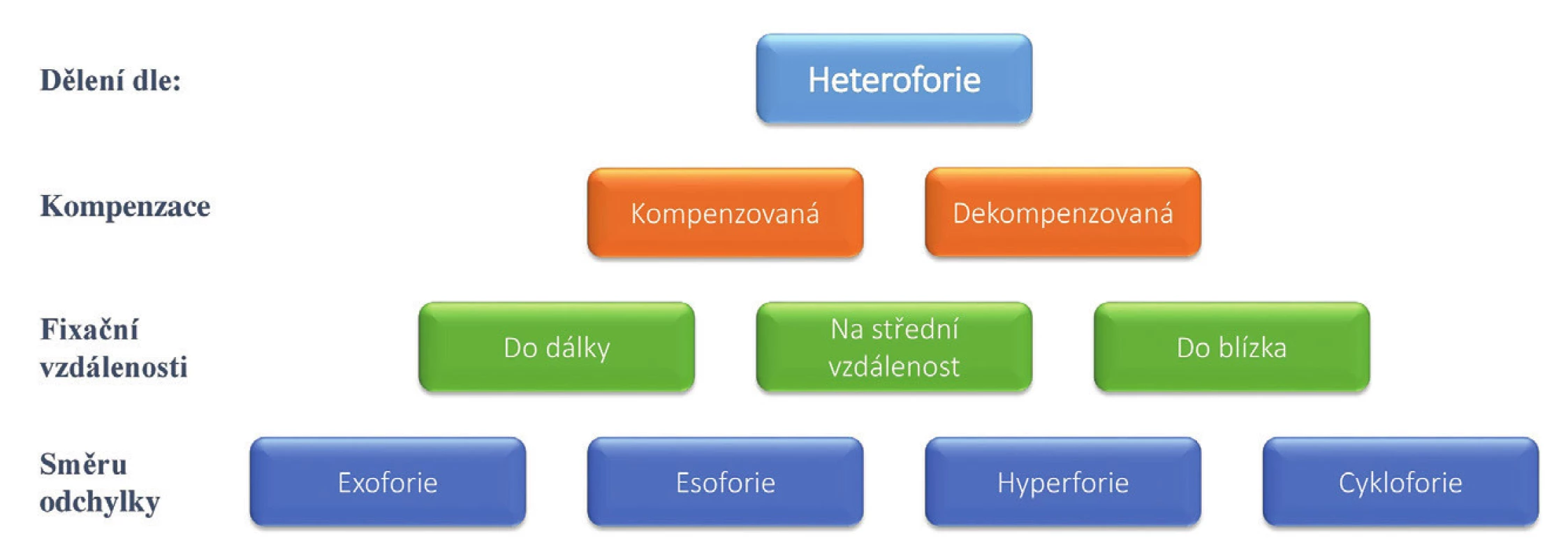Klasifikace heteroforií dle způsobu kompenzace, fixační vzdálenosti a směru odchylky