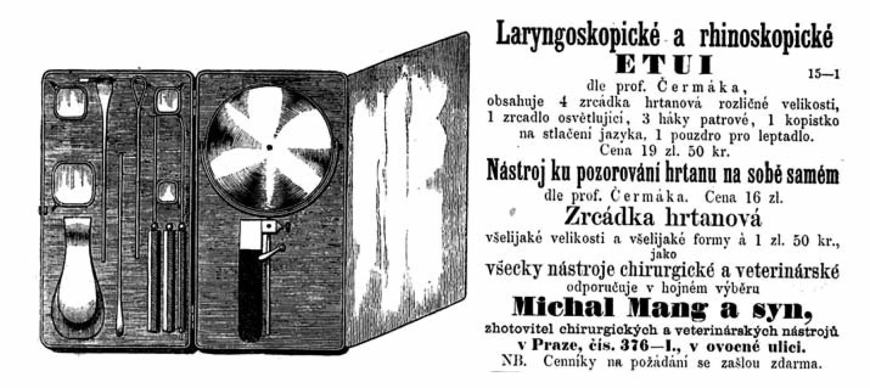 Inzerát v Časopise lékařů českých z roku 1862, nabízející nástroje pro laryngoskopii, vyrobené podle návrhu profesora Čermáka