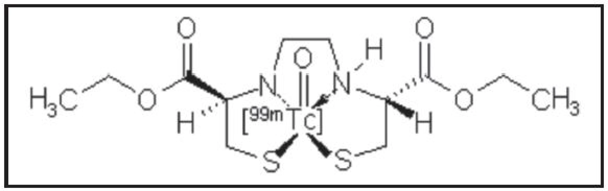 Struktura oxo[&lt;sup&gt;99m&lt;/sup&gt;Tc]technecium-ECD. Název IUPAC:  oxo[&lt;sup&gt;99m&lt;/sup&gt;Tc]technecium(V)-diethyl-&lt;i&gt;N,N'&lt;/i&gt;-ethylendi-l-cysteinát.
