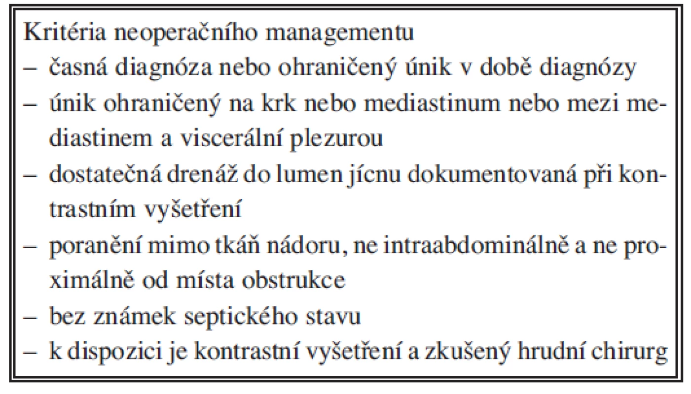 Kritéria neoperačního managementu perforace jícnu (zpracováno podle Altorjay, Chirica a Shaffera)
Tab. 2. Criteria of inoperative management of esophageal perforations (according to Altorjay, Chirico and Shaffer)