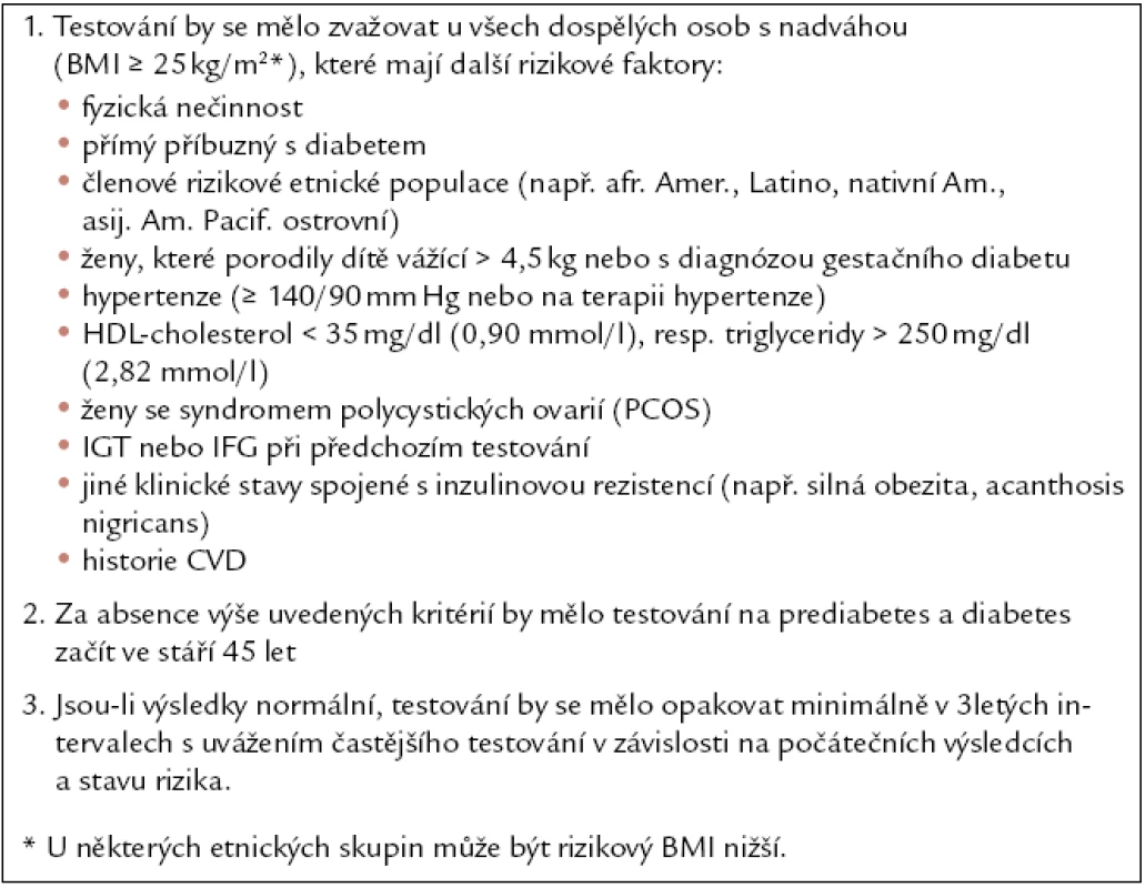 Kritéria pro testování na prediabetes a diabetes u asymptomatických dospělých jedinců [7].