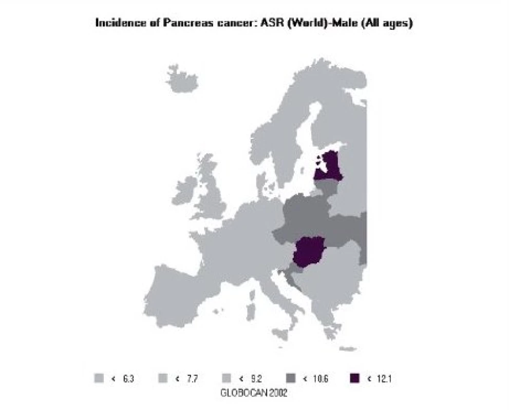Odhad výskytu karcinomu slinivky břišní v Evropě, muži (zdroj: GLOBOCAN 2002, IARC).