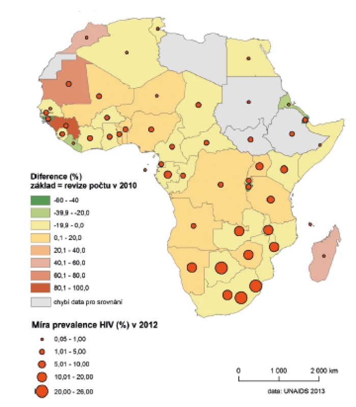 Míra prevalence HIV v dospělé populaci: srovnání let 2010 a 2012 
Figure 6. HIV prevalence rates in the adult population: comparison 2010 and 2012