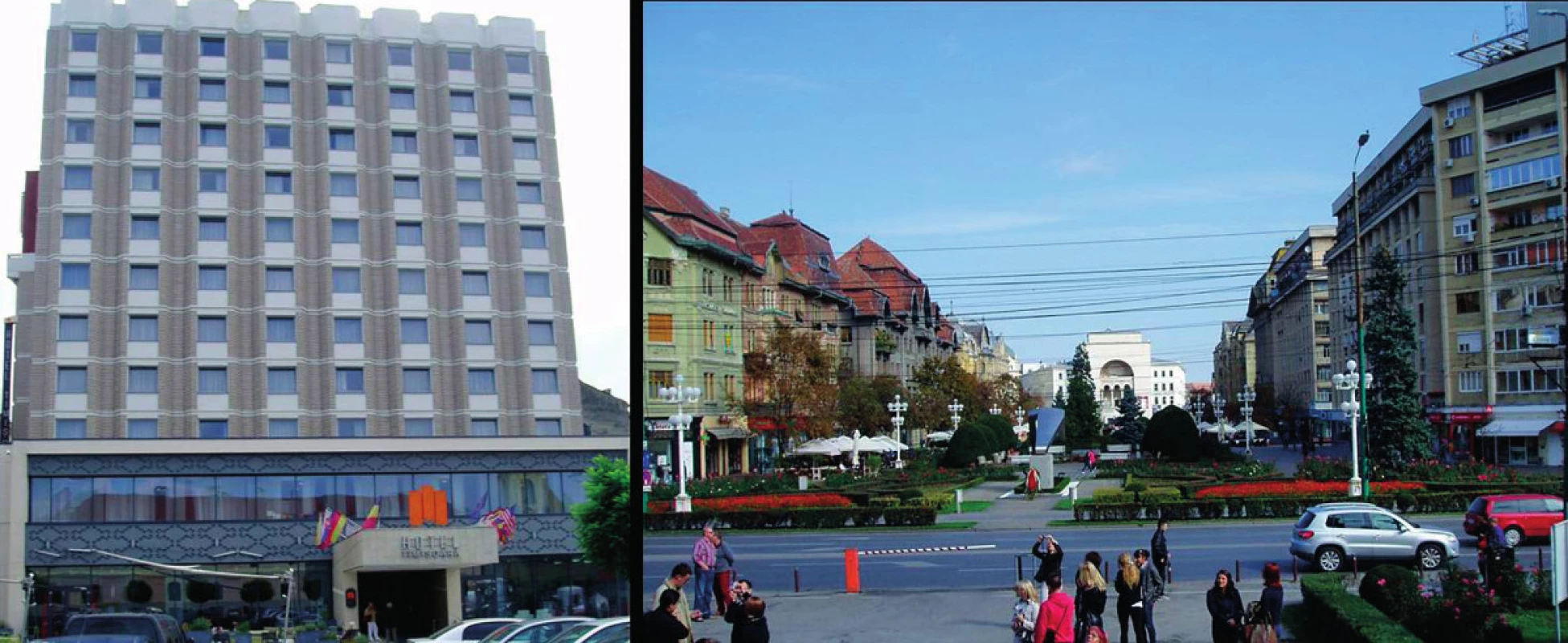 Hotel Timişoara v meste Timişoara (Rumunsko) (vľavo); Námestie Víťazstva v meste Timişoara (vpravo)