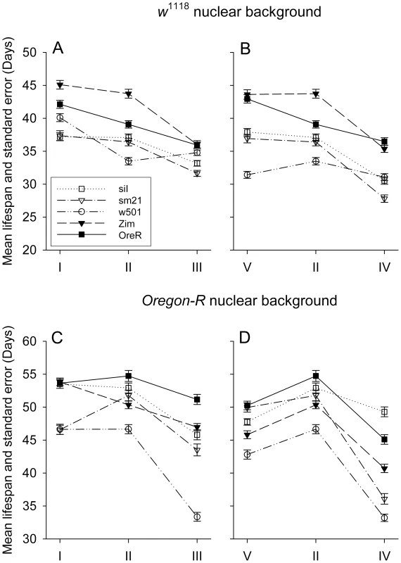 Mean lifespan response to diet alterations of different mitotypes in <i>OreR</i> (A and B panels) and <i>w</i><sup>1118</sup> (C and D panels) nuclear backgrounds.