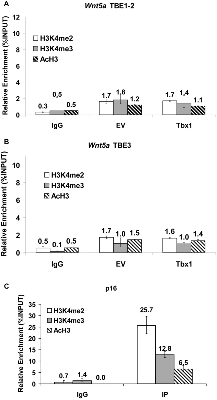 Effects of Tbx1 on H3K4 di- and tri-methylation and H3 acethylation status of the TBE regions of <i>Wnt5a</i>.