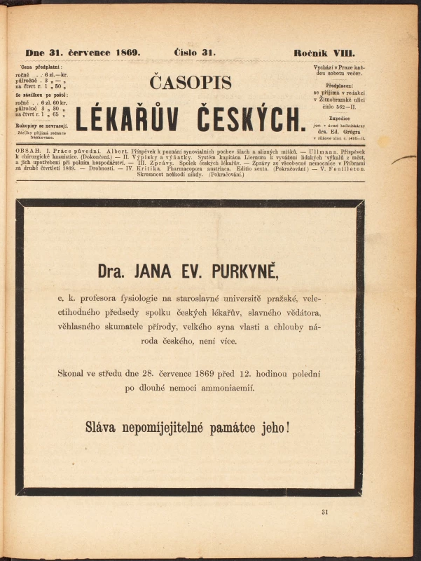 Oznámení o skonu J. E. Purkyně na titulní straně ČLČ v červenci 1869