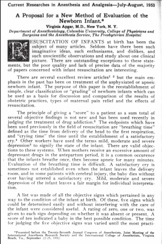 První stránka přednášky V. Apgarové o „APGAR SCORE“, 1952.
