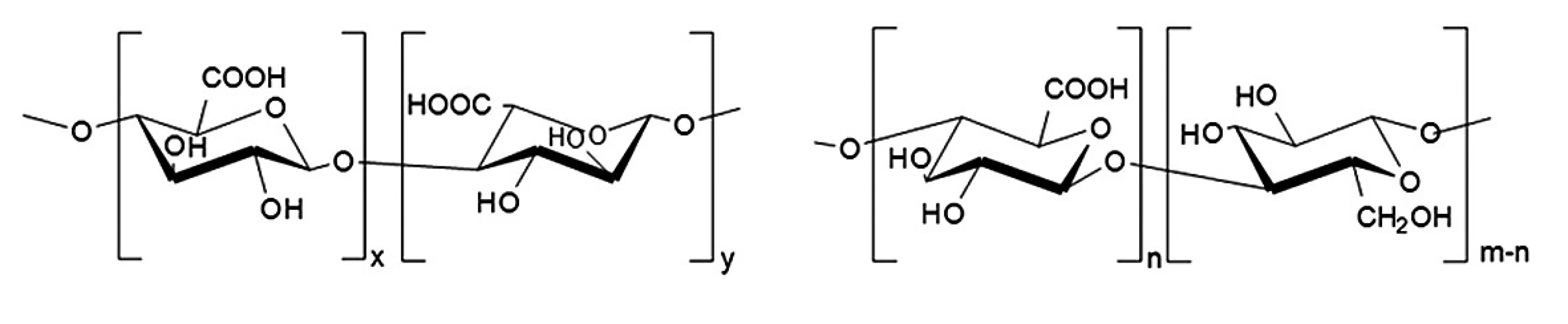 Strukturní vzorce (a) kyselina alginová, (b) oxycelulosa