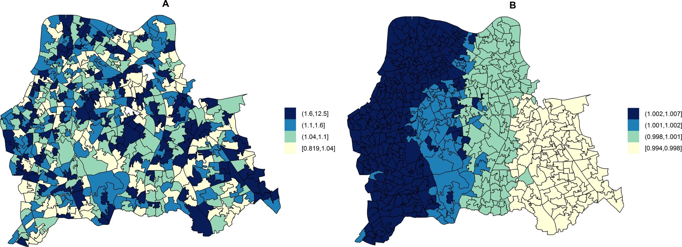 Maps for RR of HA- and CA-MRSA in LSOAs compared to the whole catchment area, in ecological regression models accounting for area-specific quintile-stratified percentage of usual residents attending a hospital and households deprived in 2–4 dimensions (HA-MRSA) or 1–2 dimensions (CA- MRSA).
