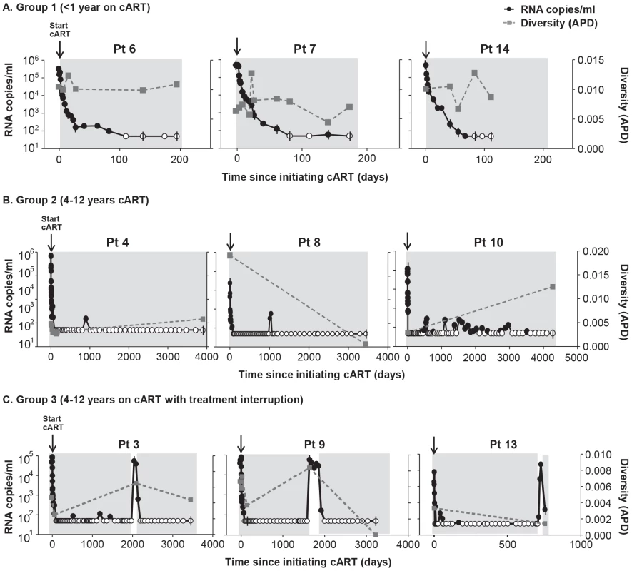HIV-1 plasma RNA copy numbers and diversity as calculated by APD in longitudinal samples prior to and during cART in selected patients on (A) short-term cART (Group 1) (B) long-term cART (Group 2) and (C) cART with treatment interruptions (Group 3).