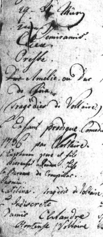 Purkyňův rukopis v deníku, v němž si zapisoval přečtené francouzské spisovatele (opakovaně čteme jméno Voltaire) 