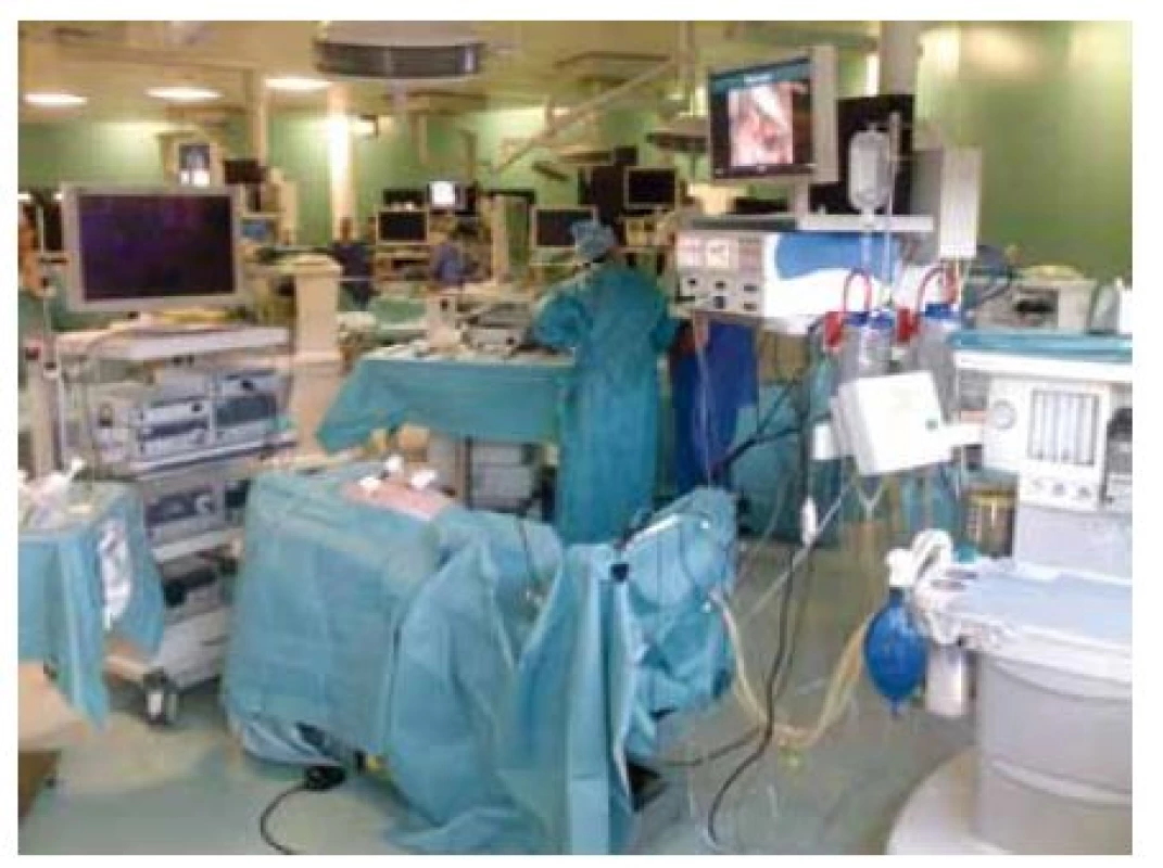 Pohled do místnosti s laparoskopickými stanicemi V popředí je jedna z celkem 17 stanic s prasetem uvedeným do anestezie. K dispozici je laparoskopická věž s plným vysokým rozlišením (1080 p) rozlišením a kompletním příslušenstvím. Každá stanice je vybavena dodatečným monitorem (vpravo nahoře), na kterém jsou průběžně promítány úkoly, tipy, triky a praktické informace nebo schémata. Fotografie byla pořízena mobilním telefonem.