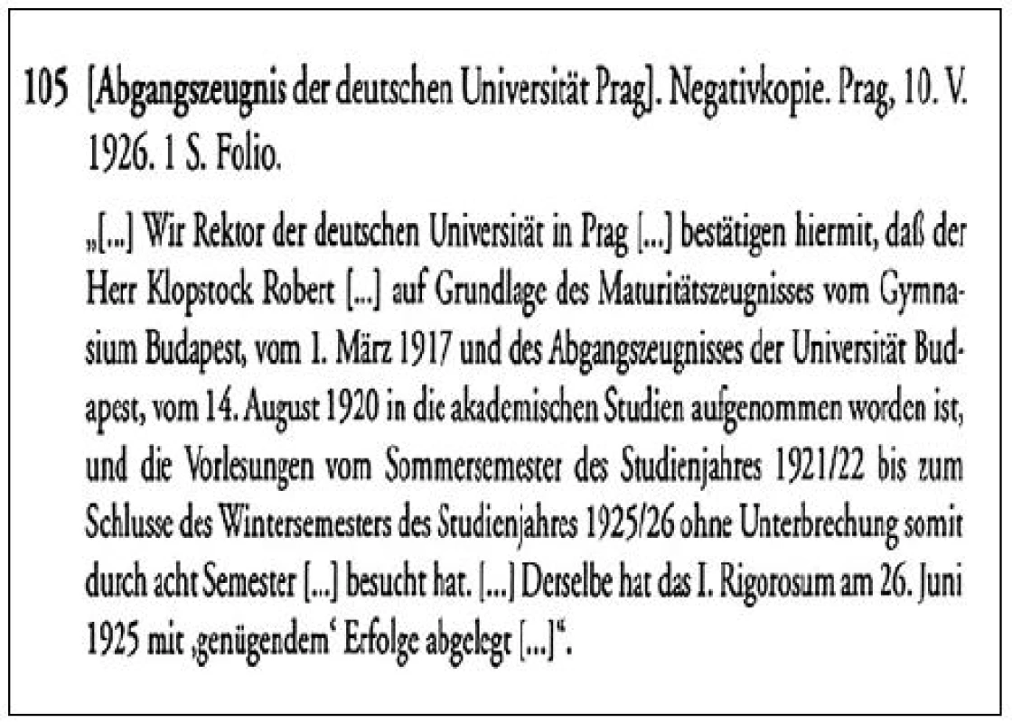 Potvrdenie o odchode Roberta Klopstocka z Nemeckej univerzity v Prahe dňa 10. mája 1926.