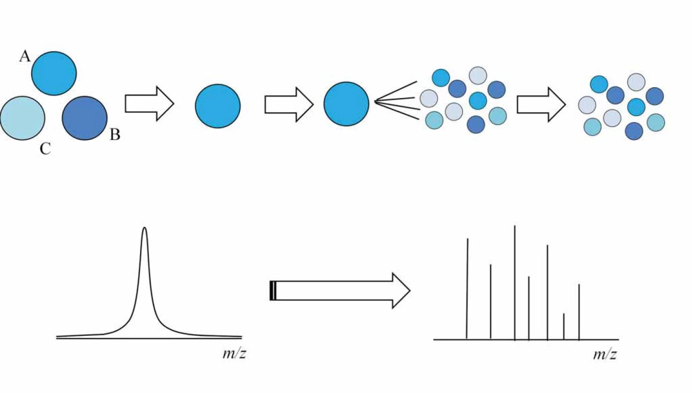 Při tandemové hmotnostní spektrometrii dochází k izolaci peptidu ze směsi peptidů v prvním hmotnostním analyzátoru.
