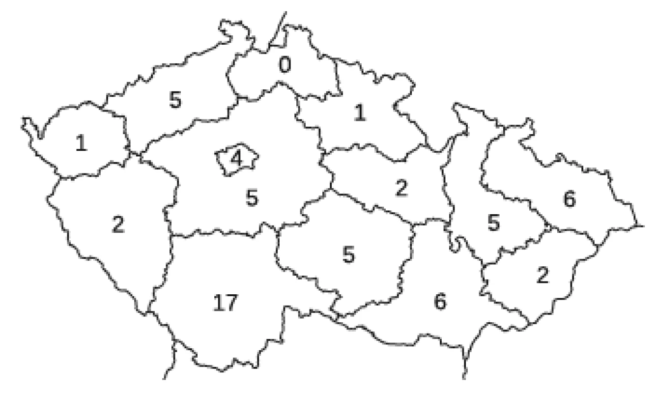 Počet případů klíšťové encefalitidy, které byly hlášeny jako nemoc z povolání v České republice v letech 2001-2015 podle kraje vzniku
