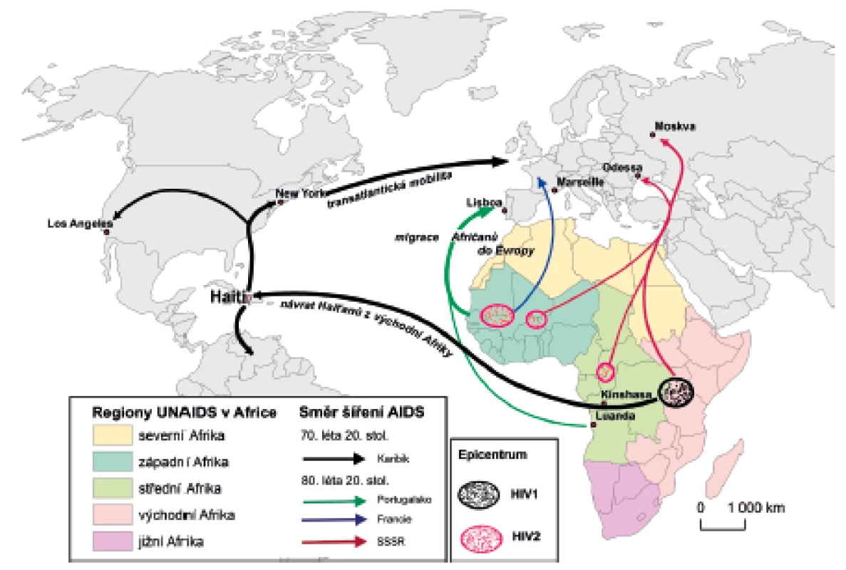 Globální šíření viru HIV ze subsaharských center
Figure 1. Global spread of HIV from Sub-Saharan regions