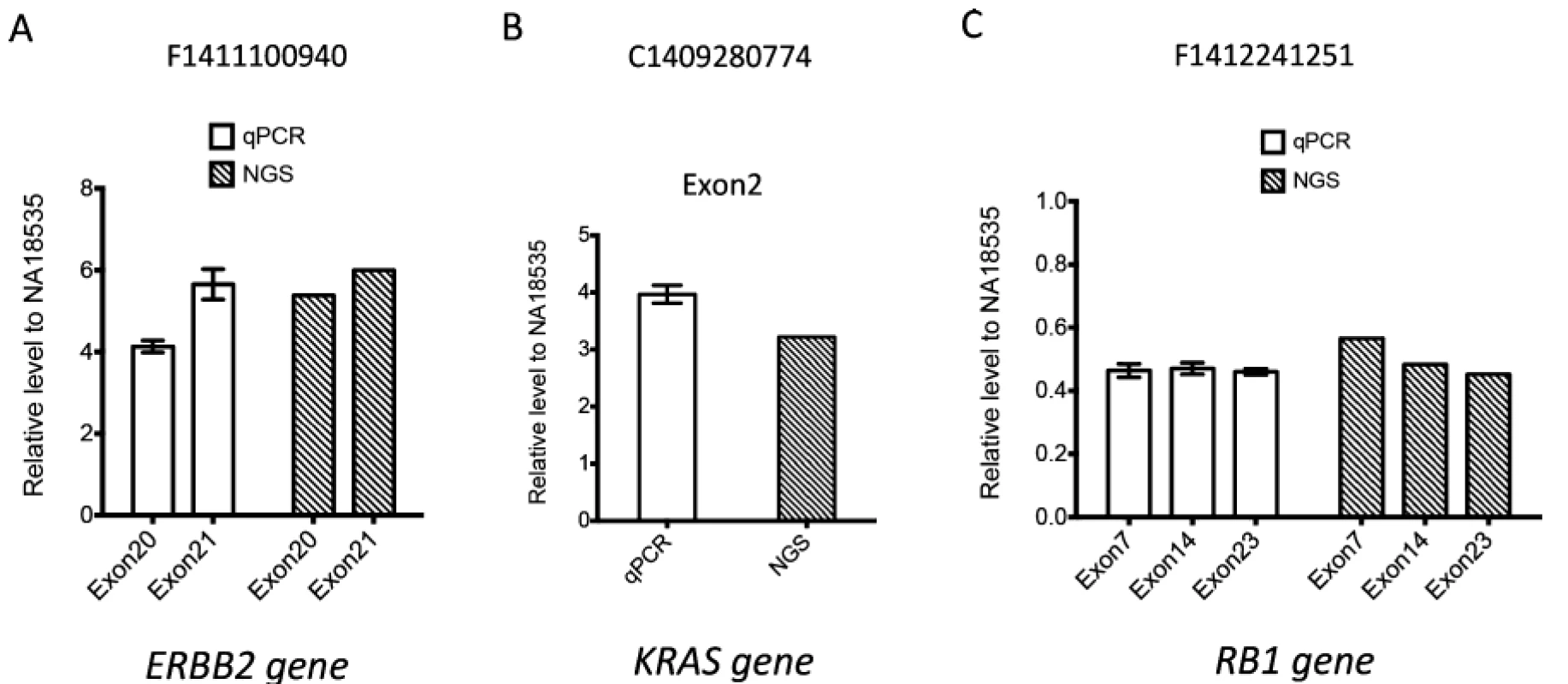 Validation of gene amplification by quantitative PCR (qPCR). Relative levels of amplified exons of three representative genes ERBB2 (A), KRAS (B) and RB1 (C) identified by next-generation sequencing (NGS) were detected by qPCR, which was further normalized by the relative level of reference ZNF80 gene region. The fold change for certain exon was calculated by normalizing to its relative level in normal control sample NA18535. Each value represents the mean  SEM of three independent experiments for qPCR results. Copy number change detected by NGS was also plotted together with qPCR data on the right.