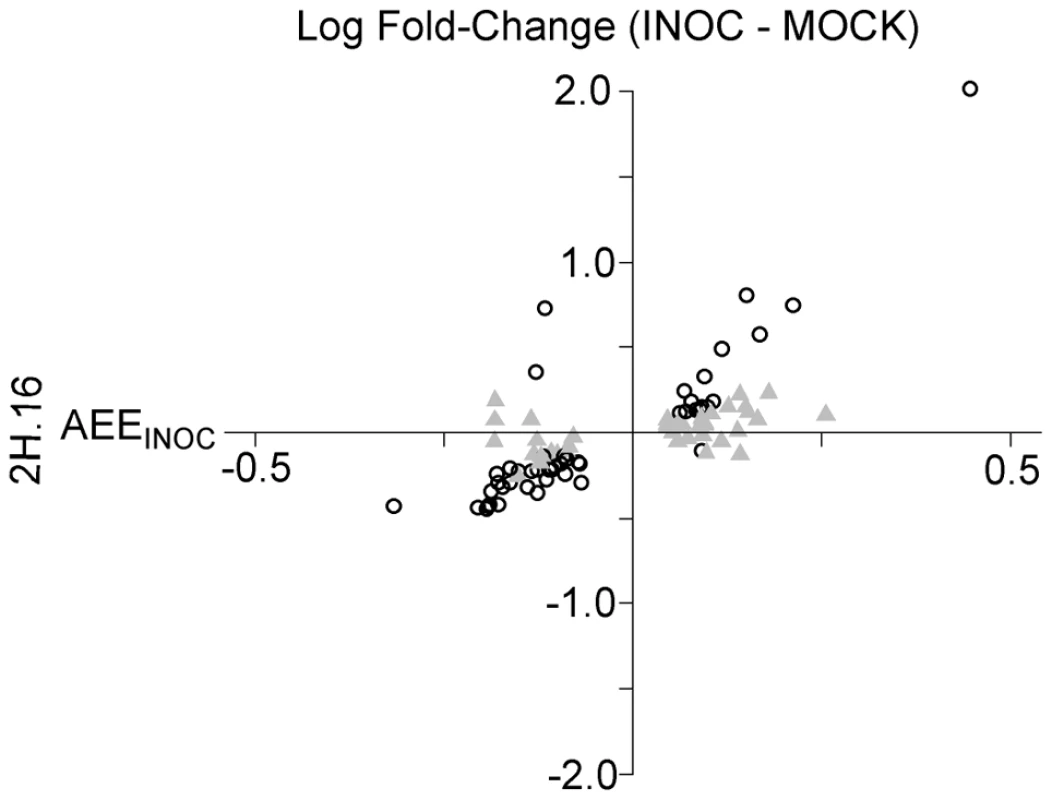 Allelic effects for INOC-specific eQTL are significantly correlated with the fold change between <i>Pgt</i> race TTKSK-inoculated and mock-inoculated plants.