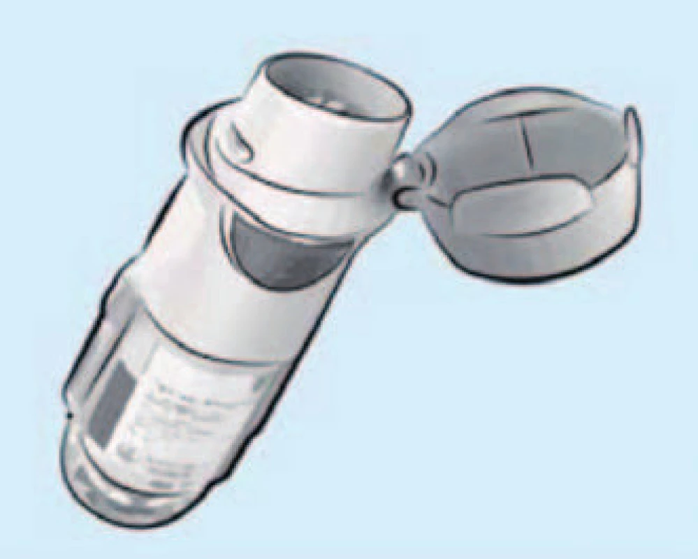 Mlžinu generující inhalační systém Respimat určený pro inhalační léčbu tiotropiem, doporučená léčebná dávka 2 vdechy jednou denně (Koblížek et al, Maxdorf 2013).
