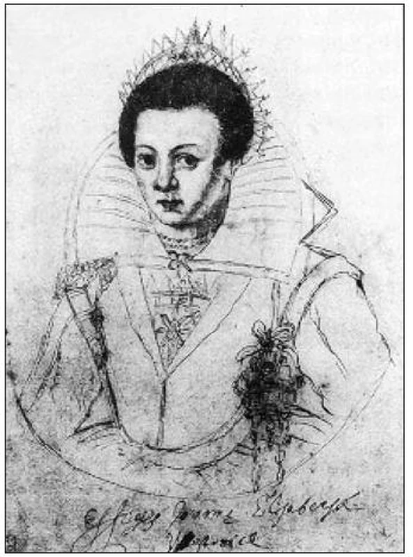 Elizabeth Jane Westonová, nevlastní dcera alchymisty Kelleyho, známá jako básnířka Westonia. Kresba z posledních let jejího života.