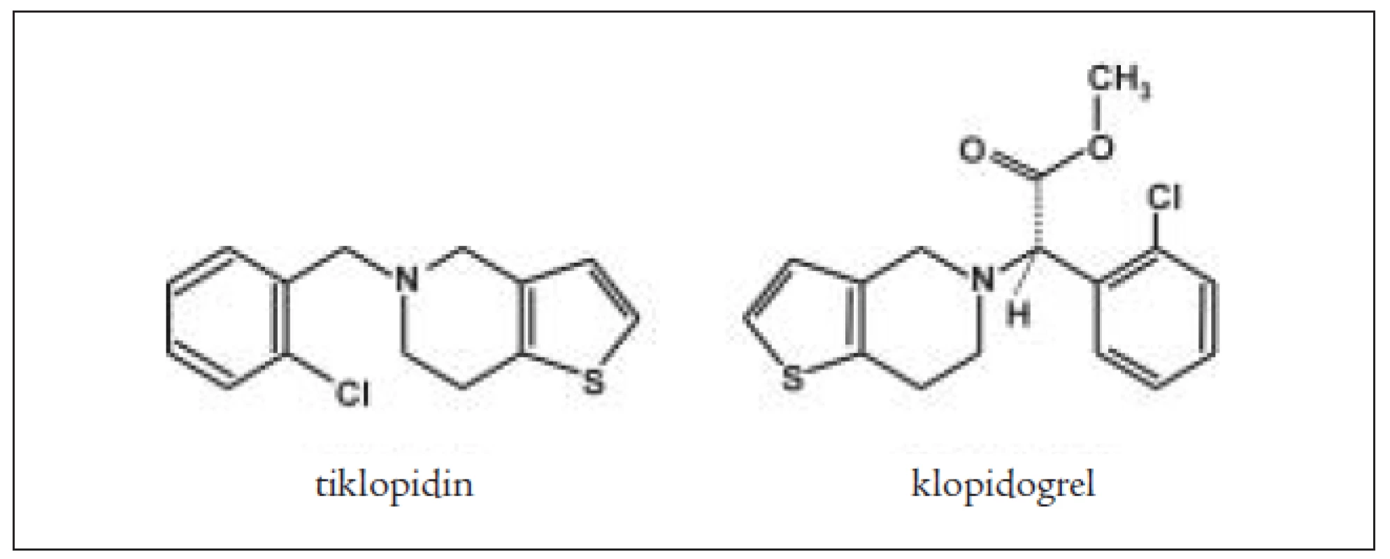 Chemická struktura tiklopidinu a klopidogrelu.