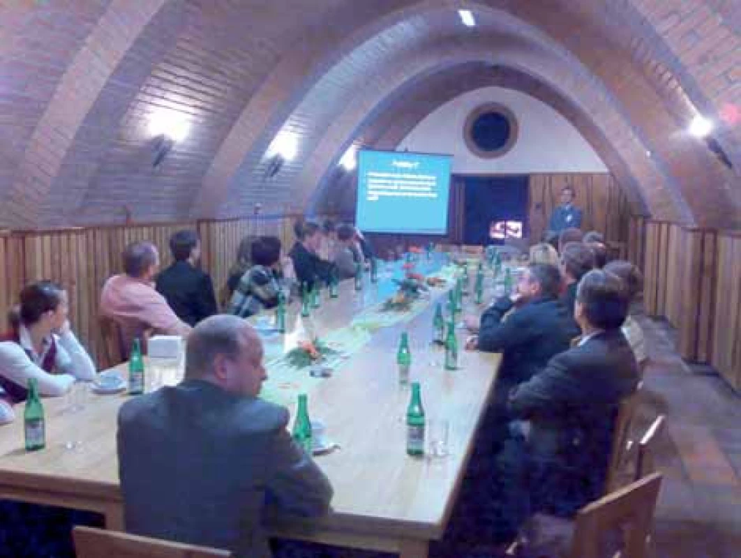 Účastníci workshopu při prezentaci prim. M. Krhovského v prostorách hotelu Skalák