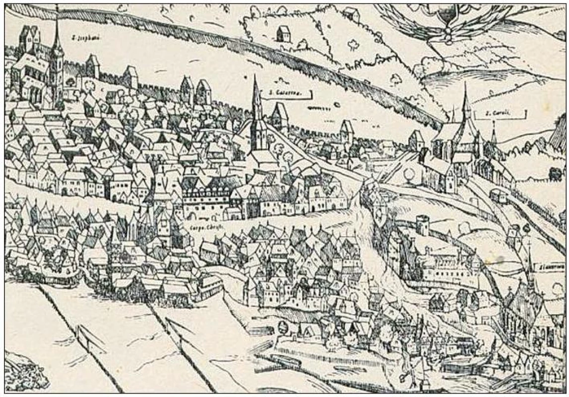 Pohled na Dobytčí trh s Kopovským domem. Jan Kozel-Michal Peterle: Prospekt Prahy z roku 1562. (detail)