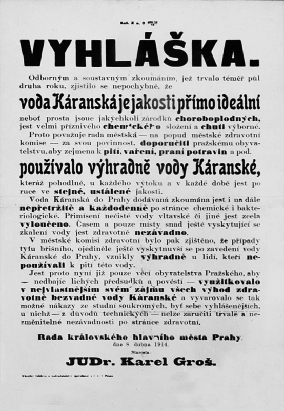 Faksimile vyhlášky propagující zdravotní nezávadnost pitné vody Káranské po vybudování káranského vodovodu zásobujícího Prahu od roku 1912.