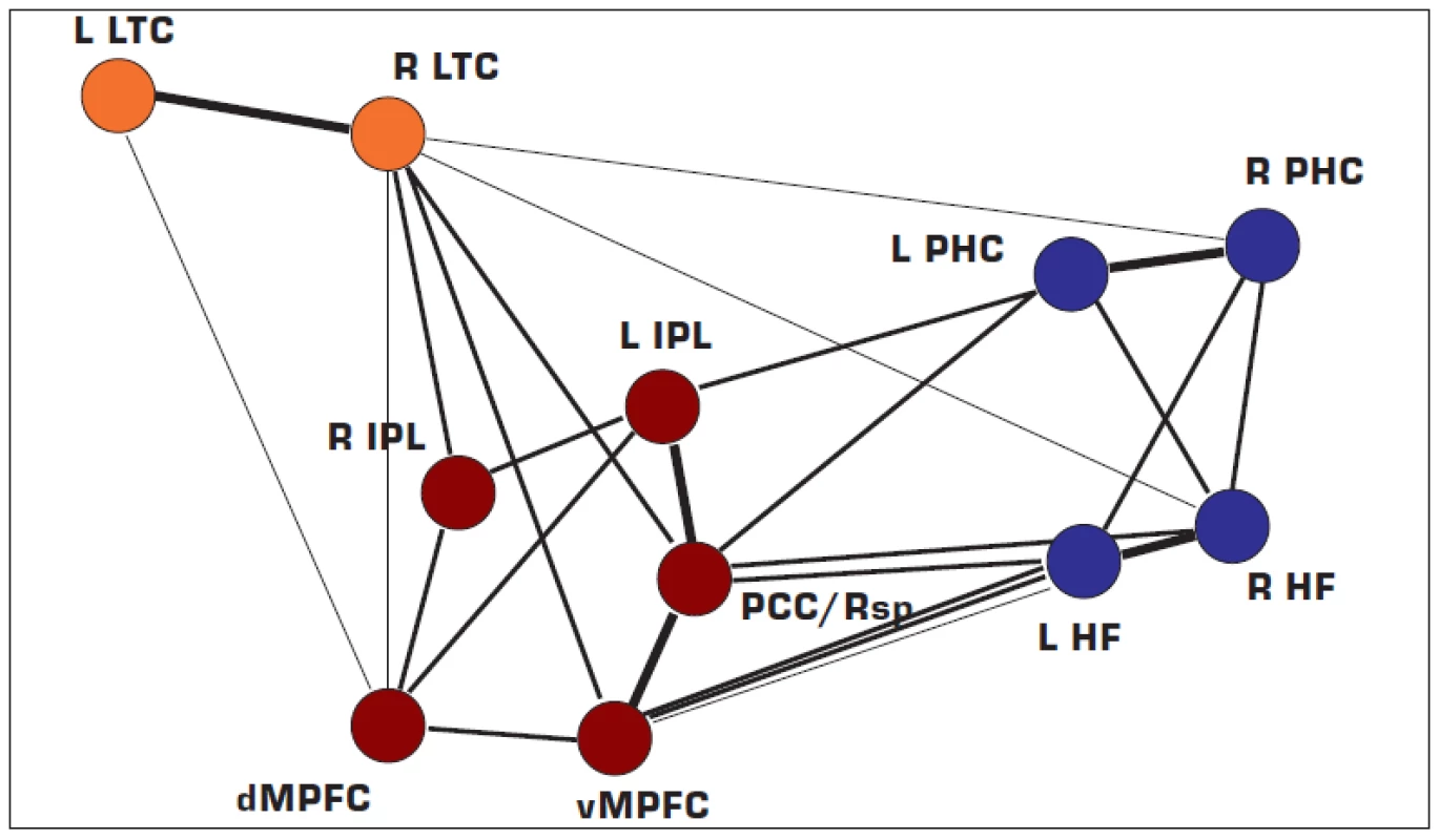 Mohutnost propojení neboli funkční korelace jednotlivých uzlů implicitní sítě lidského mozku. Čím silnější je spojující linie, tím je vyšší míra funkční korelace. „Jaderná“ ohniska sítě („ těžiště“ neboli „náby“ systému (angl. hubs) jsou červeně.
L levá strana
R pravá strana
LTC laterální temporální kůra
IPL lobulus parietalis inferior
dMPFC dorzální mediální prefrontální kůra
vMPFC ventrální mediální prefrontální kůra
PCC/Rsp zadní cingulární kůra – retrosplenická kůra
PHC parahipokampální kůra
HF hipokampální formace
Dle Buckner et al. (4).